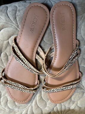 J. Crew Tan Leather Strappy Sandals with Black Spot Trim
